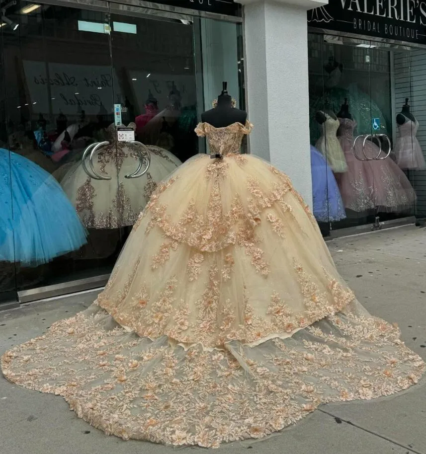 Champagne Luxury Princess Quinceanera Dresses Off Shoulder 3D Floral Applique Corset Lace-up sweet 16