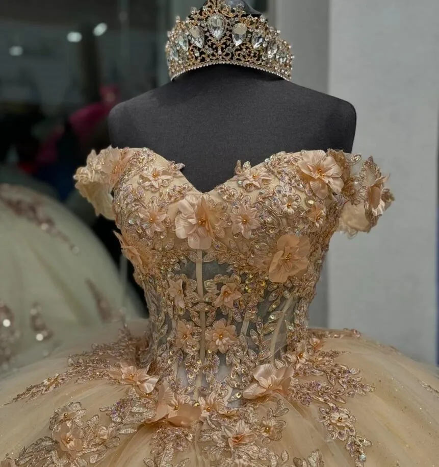 Champagne Luxury Princess Quinceanera Dresses Off Shoulder 3D Floral Applique Corset Lace-up sweet 16