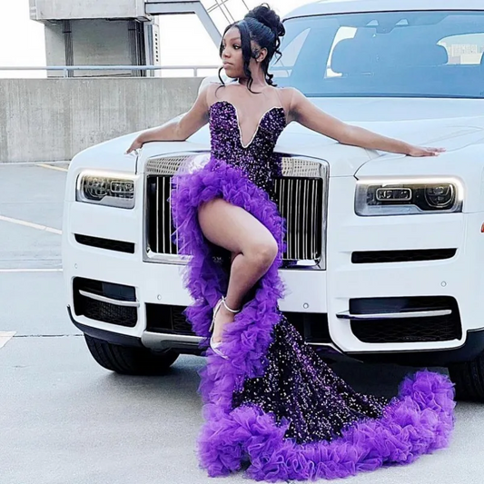 Elegant Purple Prom Dresses For Black Girls Sequin Mermaid Party Gown Ruffles Evening Dress African Women
