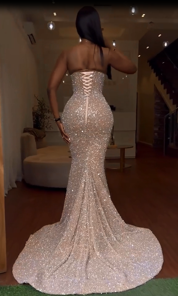 Stunning Light Champagne Slit Mermaid Beaded Sweetheart Prom Dress