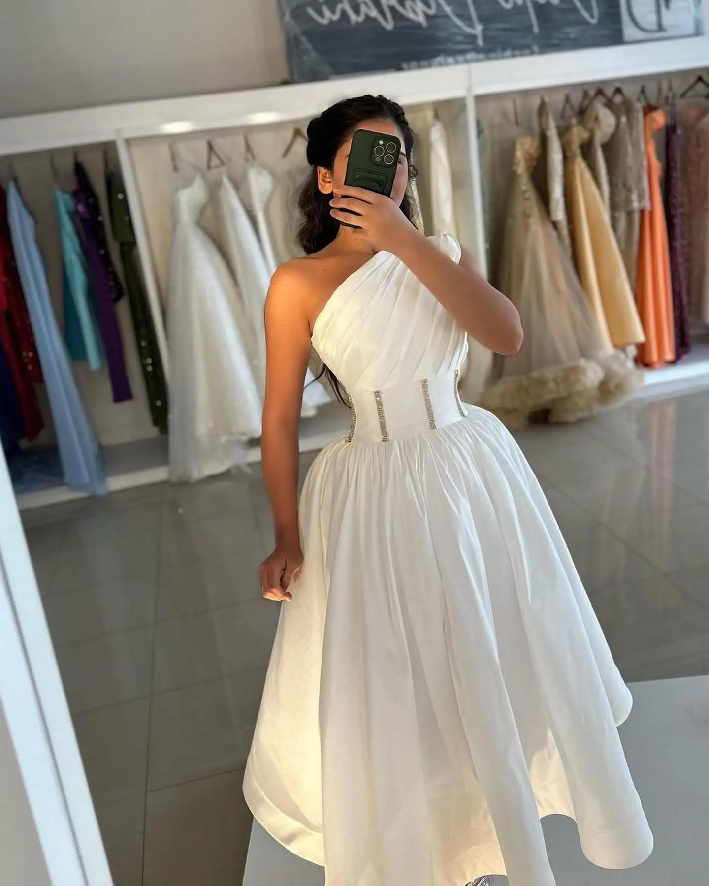 Elegant One-Shoulder Evening Dress with Sequines A-Line Ruched Tea Length Satin Prom Dress High Quality