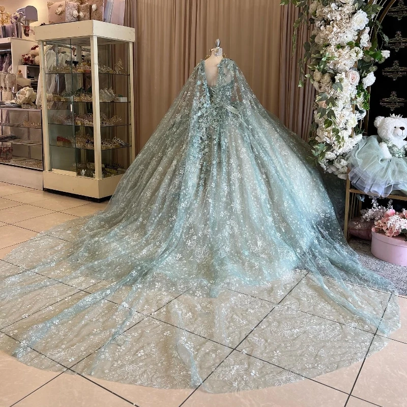 Quinceanera Dresses With Cape Ball Gown Sweetheart Lace Beading Tulle Lace-Up Backless Party Princess Sweet 16 Dress