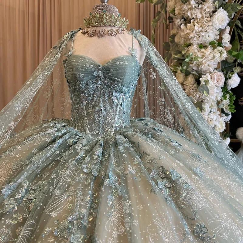 Quinceanera Dresses With Cape Ball Gown Sweetheart Lace Beading Tulle Lace-Up Backless Party Princess Sweet 16 Dress