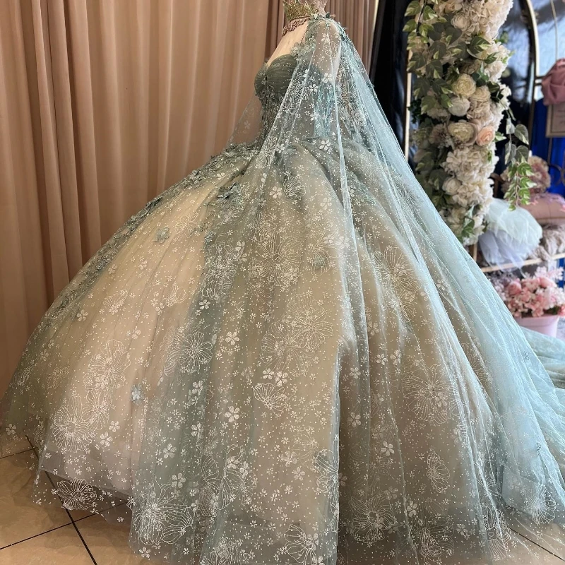 Quinceanera Dresses With Cape Ball Gown Sweetheart Lace Beading Tulle Lace-Up Backless Party Princess Sweet 16 Dress