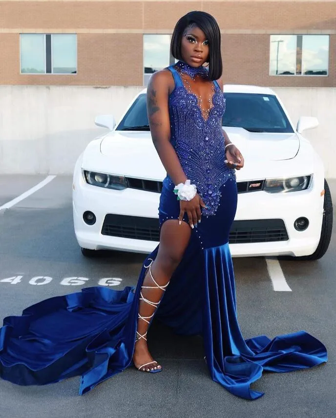 King Blue African Prom Dress for Women Sparkly Crystal Beaded Slit Vel