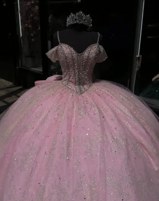 New Pink Sparkly Princess Quinceanera Dresses with Bow Mexican Crystal Beaded Off Shoulder vestidos de 15 quinceañera