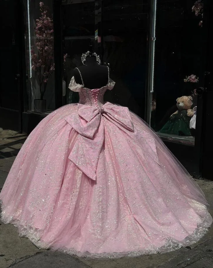 New Pink Sparkly Princess Quinceanera Dresses with Bow Mexican Crystal Beaded Off Shoulder vestidos de 15 quinceañera