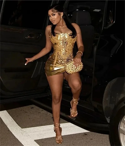 Sexy Gold Sequins Prom Dress Luxury Crystal Beads Plus Size Birthday Party Cocktail Gown Homecoming Robe De Ball