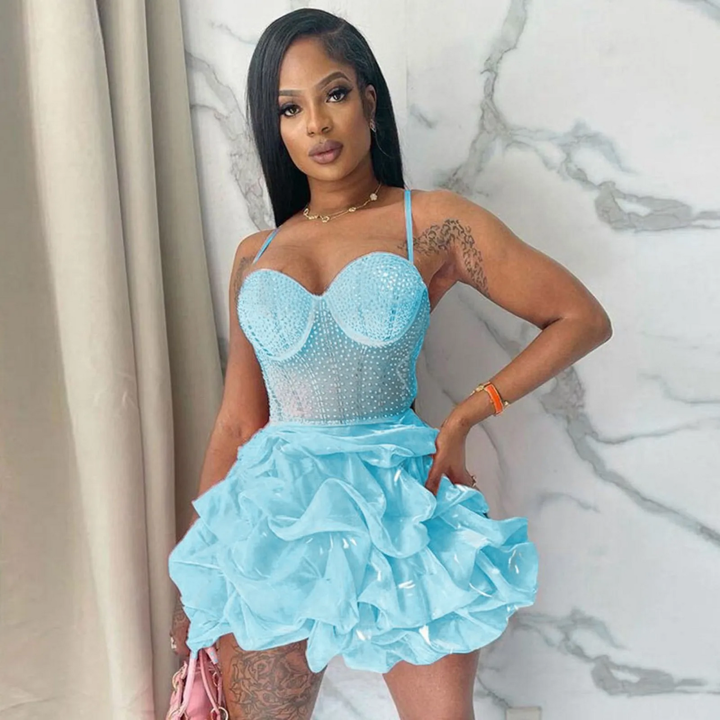 New Women Summer Strap Mesh Patchwork Diamonds Sexy Party Ball Gown Dresses 2024 Fashion Rhinestone Night Club Cake Dress White