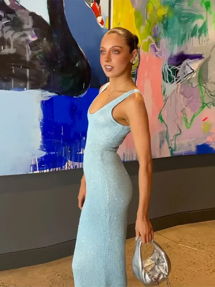 Fashion U Neck Shiny Bright Silk Suspender Dress Women Sexy Sleeveless Knitted Dresses Summer Chic Female Party