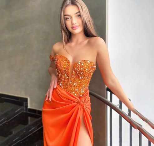 Sequined Sweetheart Party Dresses Side Split Orange Evening Dresses Stain Mermaid فستان سهرة One Shoulder Evening Gowns