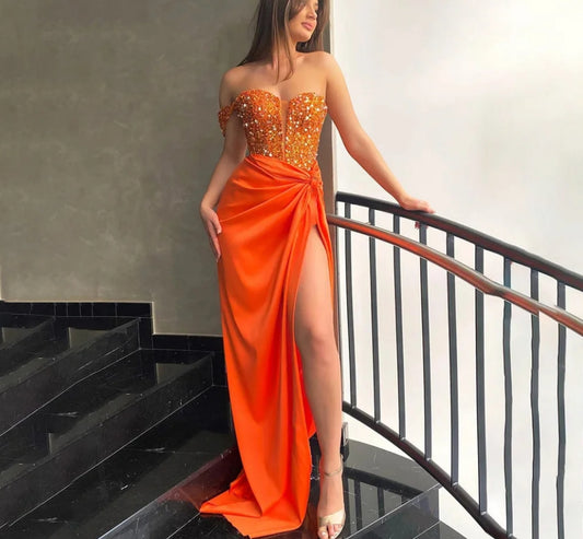 Sequined Sweetheart Party Dresses Side Split Orange Evening Dresses Stain Mermaid فستان سهرة One Shoulder Evening Gowns