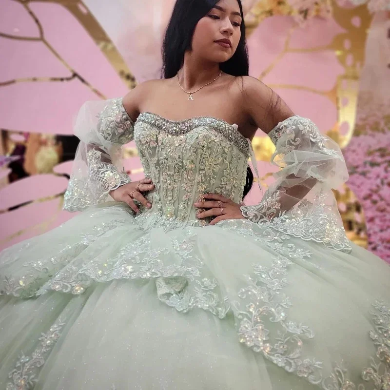 Gillter Mint Green Mexico robes de soirée Long Sleeve Sweetheart Sweet 16 Dress Appliques Lace Bead vestidos quinceañera 2024