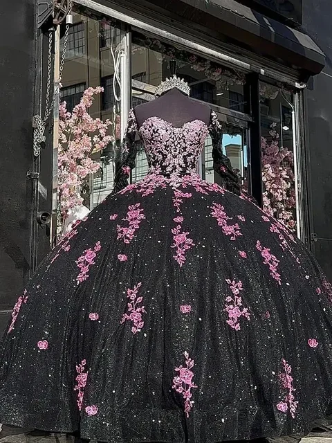 Black Sweetheart Ball Gown Quinceanera Dresses Glitter Tulle Applique Lace 15 Party Pageant Birthday Party Gowns Corset Back