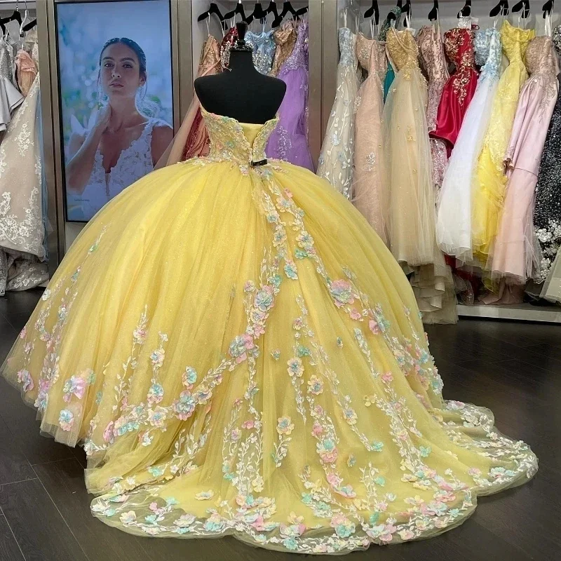Shiny Yellow Lace-up Quinceanera Dress 3D Floral Applique Beading Ball Gown Off The Shoulder Tull Mexico Sweet 16 Vestidos De X