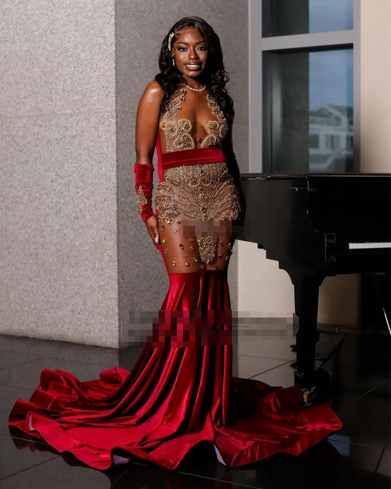 Luxury Red Beaded Mermaid Prom Dresses For Black Girls Crystal Formal Wedding Party Gowns Belt Elegant Evening robes de soirée