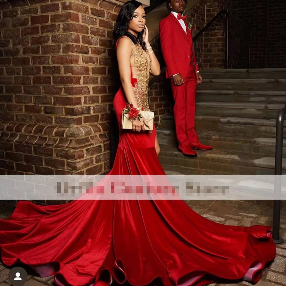 Luxury Red Prom Dresses For Black Girls 2024 Rhinestone Sequin Slit Mermaid Party Gowns Evening Dress Vestidos De Festa