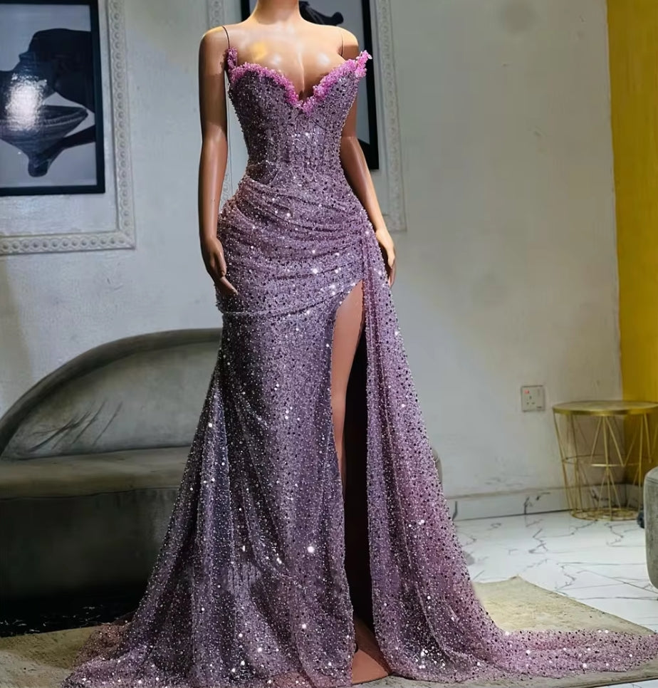 Light Purple Beaded Sweetheart High Split Aso Ebi Luxury Evening Dresses For Wedding Mermaid Prom Dresses Elegant Gowns