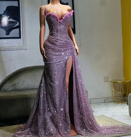 Light Purple Beaded Sweetheart High Split Aso Ebi Luxury Evening Dresses For Wedding Mermaid Prom Dresses Elegant Gowns