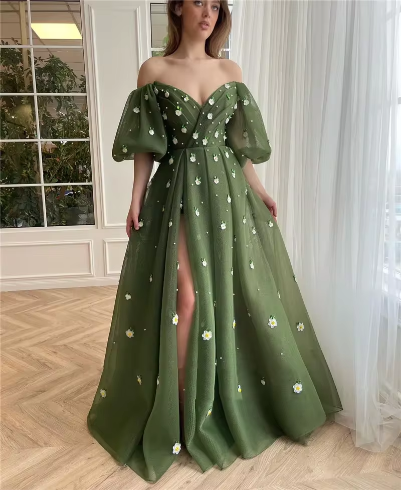 Sweet Princess Evening dress Grass green puffs sleeve Sweetheart 3D Slit A line floor-length ball birthday dress فستان حفلات الز