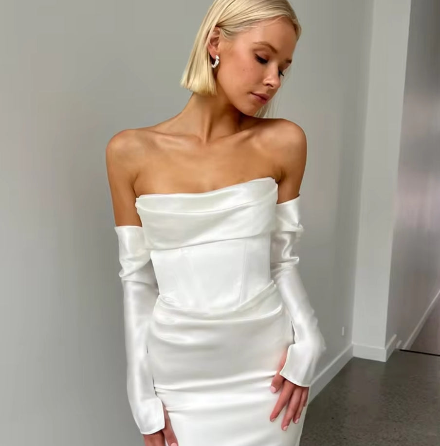 Simple 2024 Satin Mermaid Wedding Dress Off Shoulder Strapless Full Sleeve Long Bride Gowns Dress Vestido De Noiva Sereia
