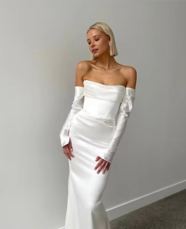 Simple 2024 Satin Mermaid Wedding Dress Off Shoulder Strapless Full Sleeve Long Bride Gowns Dress Vestido De Noiva Sereia