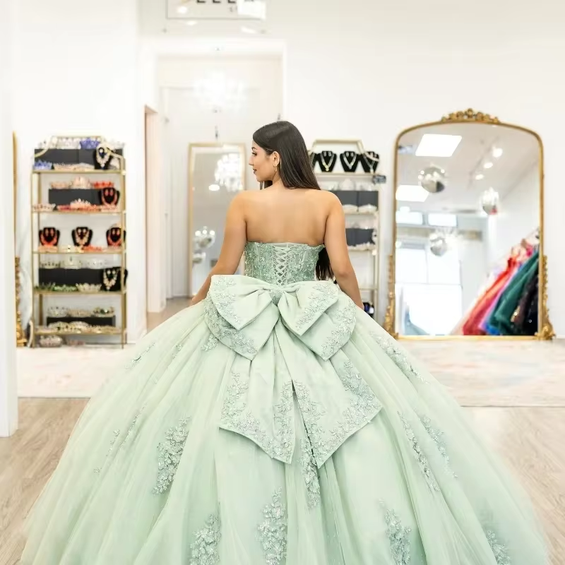 Sage Green Quinceanera Dresses With Bow 3D Flowers Beading Appliques Vestidos De 15 Anos Birthday Party Princess