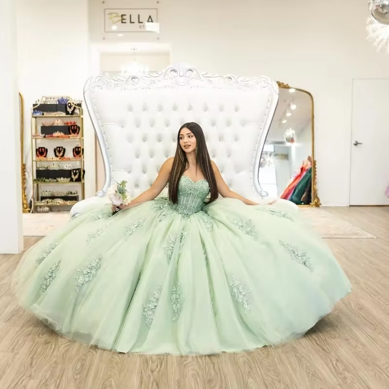 Sage Green Quinceanera Dresses With Bow 3D Flowers Beading Appliques Vestidos De 15 Anos Birthday Party Princess