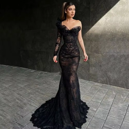 Elegant Long Black Mermaid Prom Dress One Sleeve Sweetheart Lace Evening Gowns Party Graduation Dresses