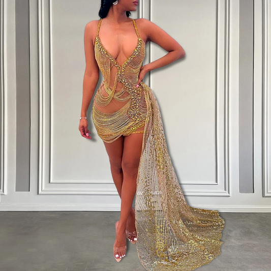Black Girls Golden Sexy See Through Birthday Party Gowns Women Sparkly Beads Short Prom Dress with Glitter Lace Side Train