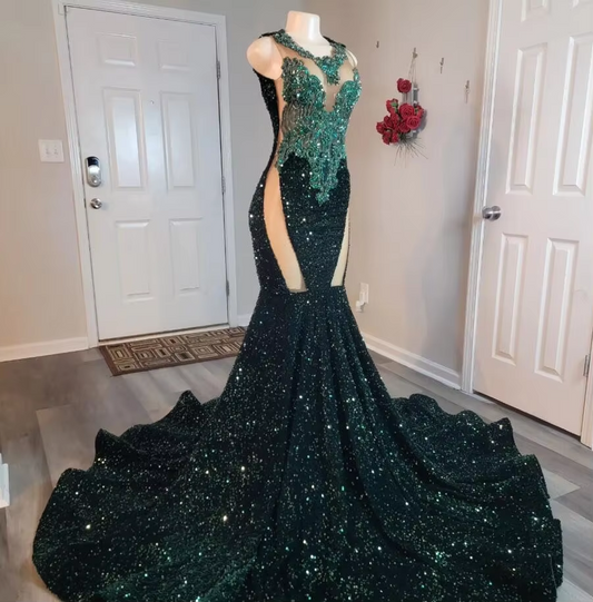 Emerald Green Sparkly Long Mermaid Prom Ceremony Formal Dresses For Black Girl Luxury Diamond Evening Birthday Gala Gown