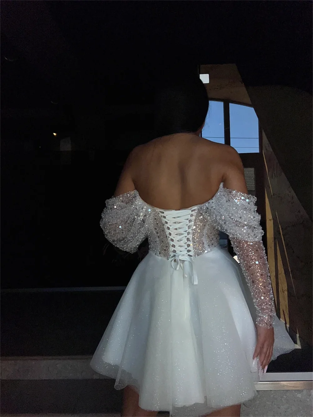 Shiny Off The Shoulder Beaded Sequined Short/Mini Wedding Party Dresses Full Sleeves Custom Made 2024 Rode De Morrie