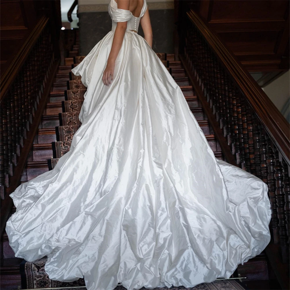 Real Photos Elegant Pleat Taffeta Wedding Dress For Bride 2024 Women Evening Party Backless Bridal Gown With Corset Top