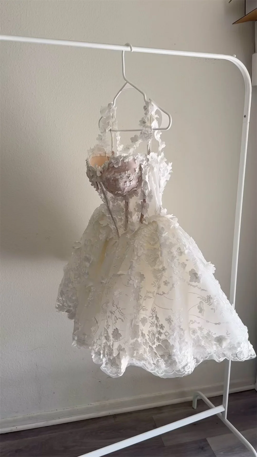 Boho Flower Lace Mini Ball Gown Prom Dresses Flower Straps Evening Dress Gorgeous Short Wedding Dress Vestidos De Fiesta