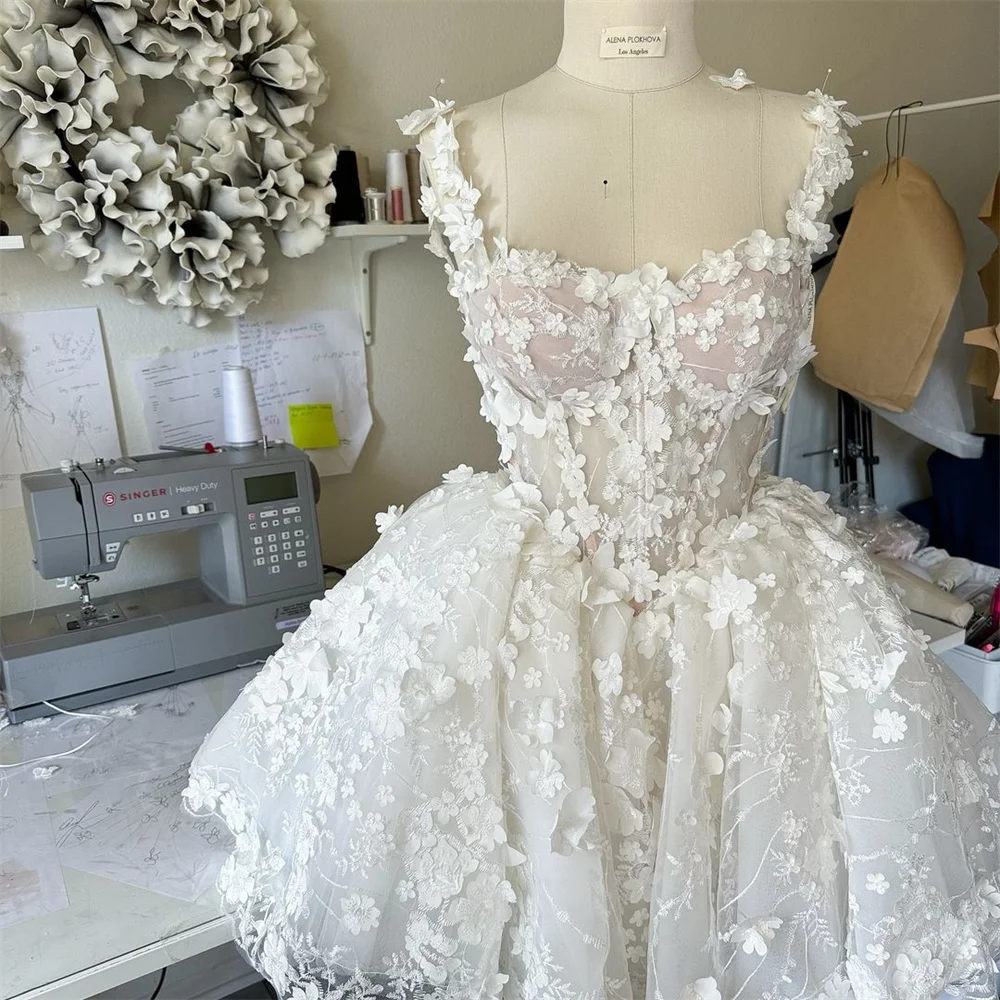 Boho Flower Lace Mini Ball Gown Prom Dresses Flower Straps Evening Dress Gorgeous Short Wedding Dress Vestidos De Fiesta
