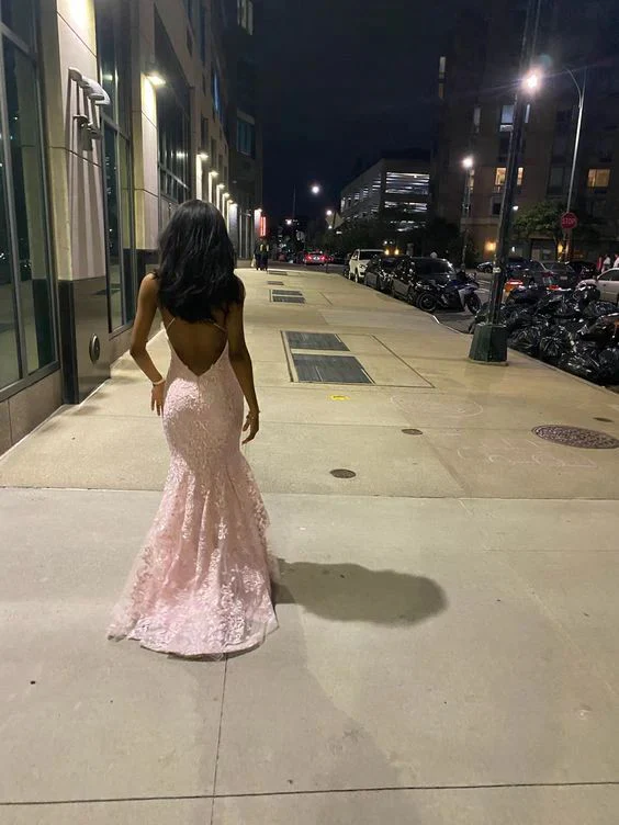 Sexy Mermaid Spaghetti Straps Sleeveless Lace Pink Prom Dress