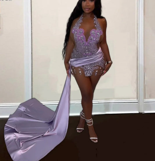 Elegant Lavender Birthday Party Dresses For Women Luxury Crystal See Through Short Porm Dress