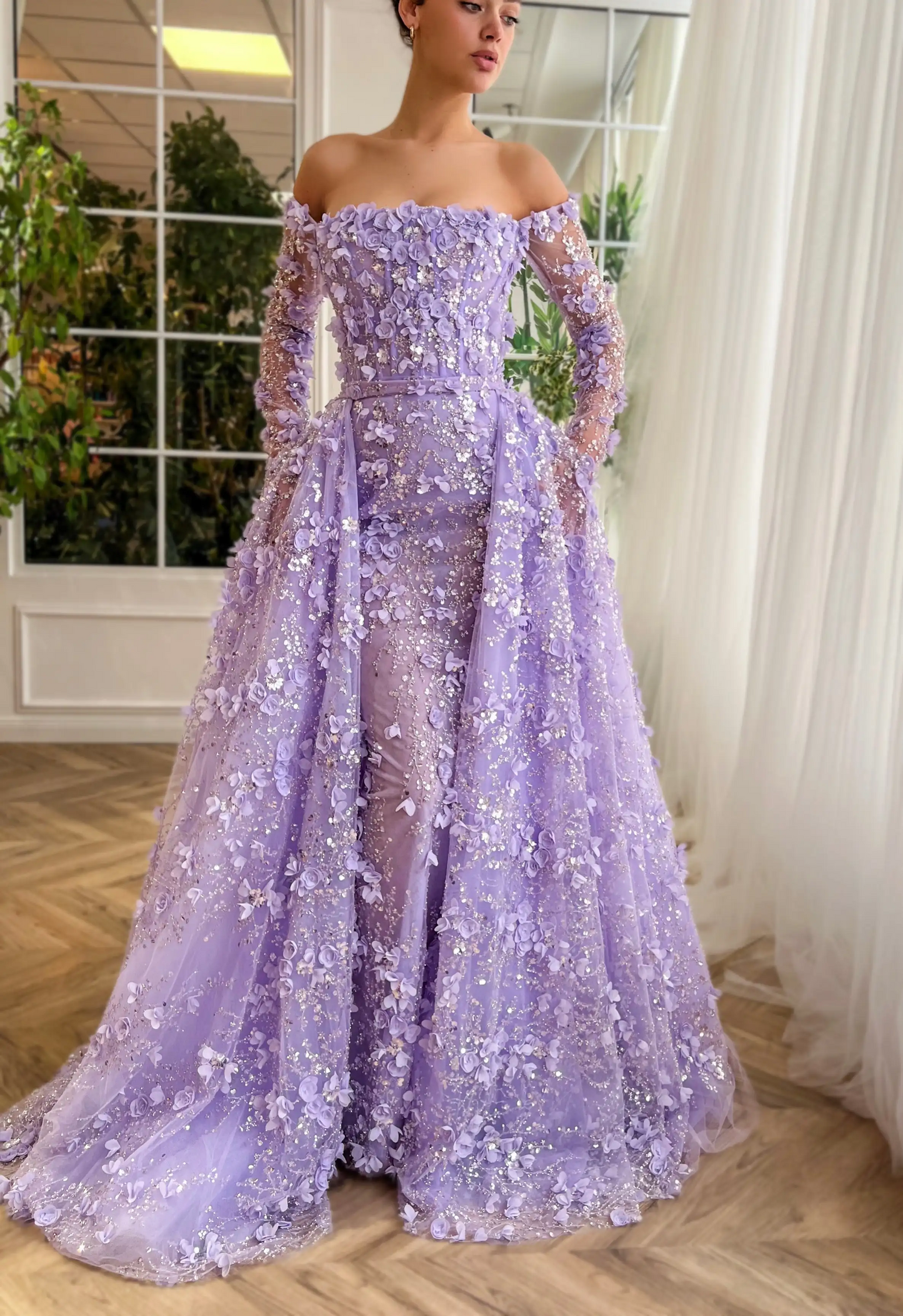 Elegant 3D Flowers Pink Luxury Dubai Evening Dress with Overskirt Lilac Long Sleeves Women Wedding Party Gown
