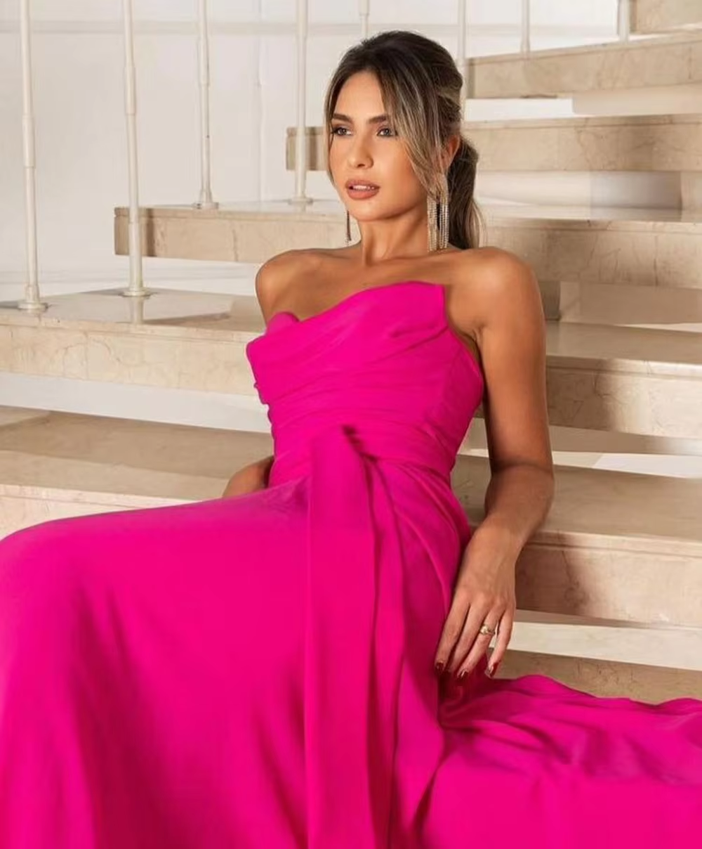 Fuchsia Woman Prom Dresses Tiered Tulle Sweetheart Engagement Evening Dresses Guest Wedding Party