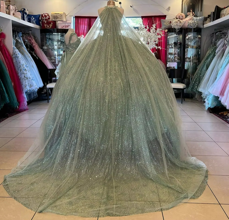 Sparkling Sage Green Lace Up Ball Gown Quinceanera Dresses 2025 With Appliques Mexico Brithday Party Vestidos De 15 Quinceañera