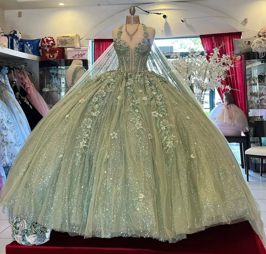 Sparkling Sage Green Lace Up Ball Gown Quinceanera Dresses 2025 With Appliques Mexico Brithday Party Vestidos De 15 Quinceañera