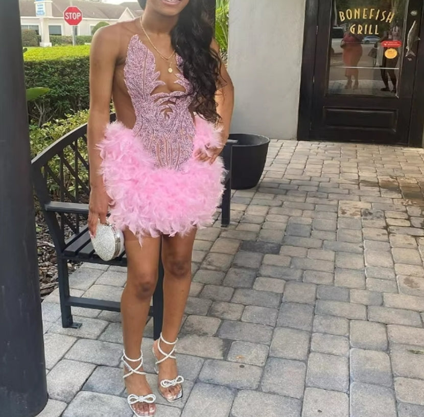 Unique Pink Feather Prom Dress 2024 For Black Girls Elegant Luxury Sheath Mini Short Cocktail Party Wear Birthday Baddie Evening