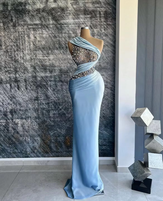 New Baby Blue Satin Halter Neck Mermaid Prom Dresses Floor-Length Sleeveless Golden Appliques Formal Evening Gown Custom