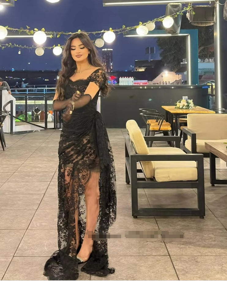 Sexy Black Lace Mermaid Evening Dresses Cap Sleeves Off Shoulder Wedding Formal Event Prom Gown vestidos High Quality