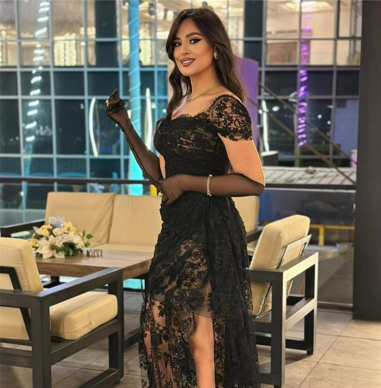 Sexy Black Lace Mermaid Evening Dresses Cap Sleeves Off Shoulder Wedding Formal Event Prom Gown vestidos High Quality