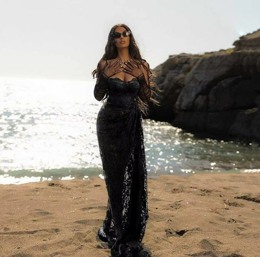 Black Mermaid Prom Gown Sexy Lace Sweetheart Neck Long Event Dress for Women Gift Evening Dresses