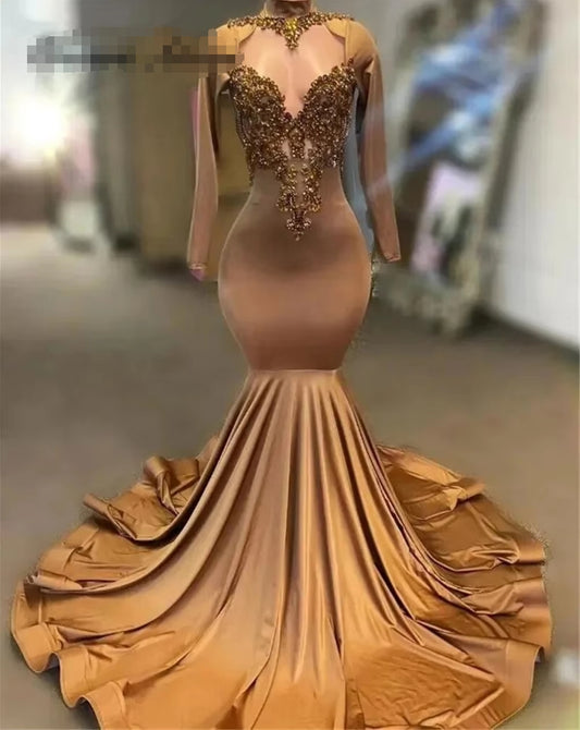Brown Mermaid Gold Rhinestones Prom Dresses For Party Wedding Evening Beaded Formal Dress V Neck Party Gowns Elegant robe