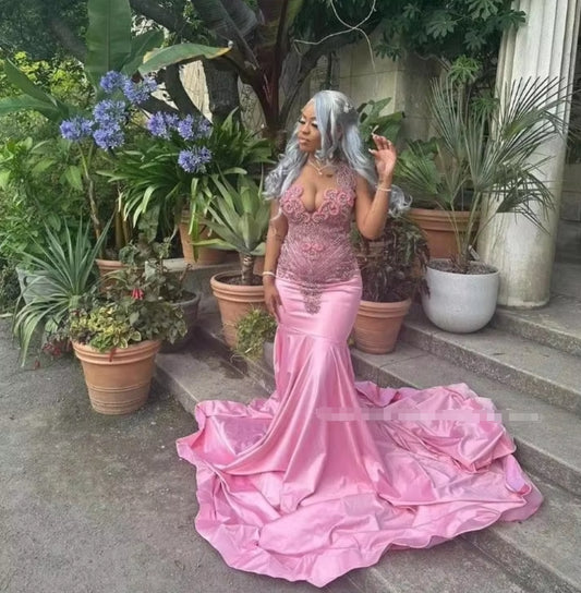 Exquisite Baby Pink Long Prom Dress Elegant Beaded Applique Satin Custom Evening Black Teenage Birthday Party