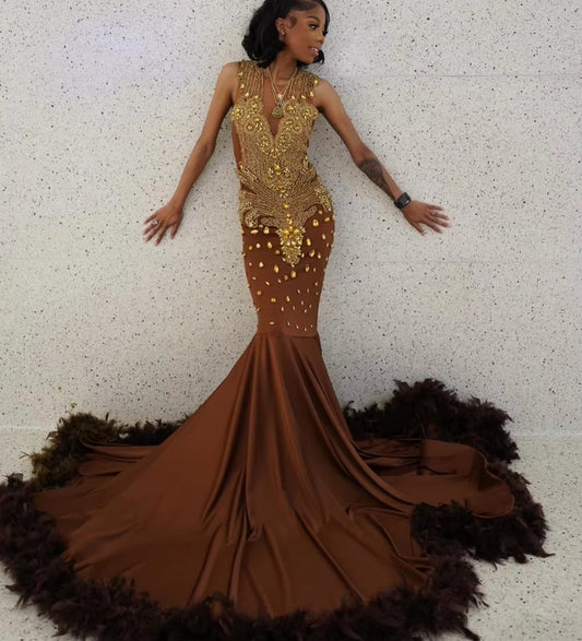 Chocolate Brown Fearhers Gold Rhinestones Prom Dresses For Blackgirls New In Formal Occasion Dress African Wedding Gowns