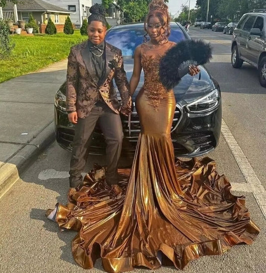 Brown Satin Mermaid Prom Dress For Black Girl Glitter Diamond Crystal Birthday Reception Gown
